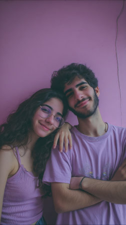 A young couple, a man and a woman, are posing together, both wearing purple tops. They are leaning against a vibrant pink wall and smiling warmly at the camera.の素材