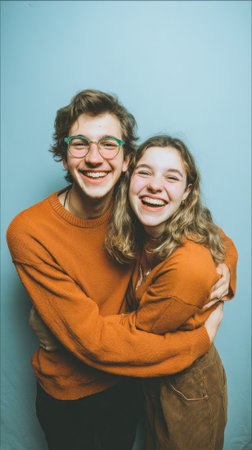 A joyful young couple shares a warm embrace and laughter against a light blue background.の素材