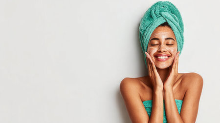 A young woman with a towel on her head and a face mask on her cheeks smiles with her eyes closed.の素材