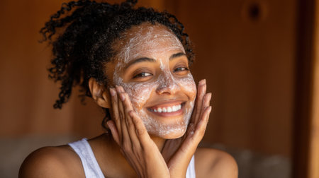 A beautiful young woman with curly hair smiles as she applies a facial scrub to her face, enjoying her skincare routine.の素材