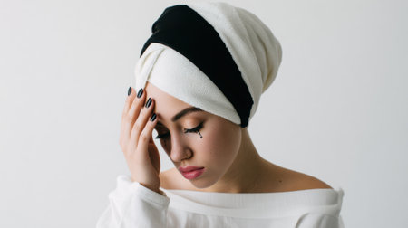 A young woman with her eyes closed and hand on her forehead, wearing a white and black turban and an off-the-shoulder top.の素材