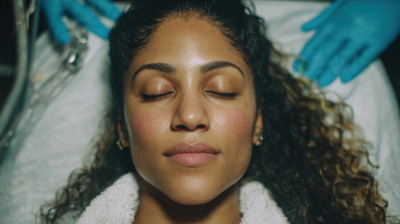 A close-up shot of a young woman with curly hair lying on a medical bed with her eyes closed. Two pairs of gloved hands are visible, gently touching her head.の素材