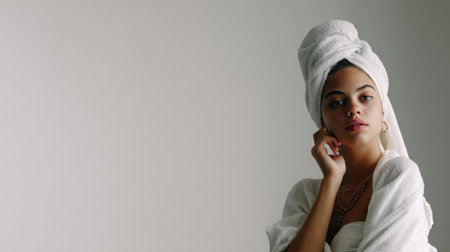 A young woman with a towel wrapped around her head and body, looking thoughtfully into the distance. She is wearing a white bathrobe.の素材