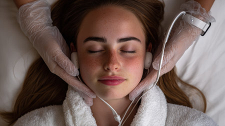 Close-up of a young woman with closed eyes enjoying a facial treatment. Her face is gently held by gloved hands, and a device with wires is applied to her skin.の素材