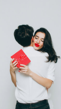 A young woman with bright red lipstick embraces a man, holding a red polka dot gift box. She appears joyful and loving.の素材