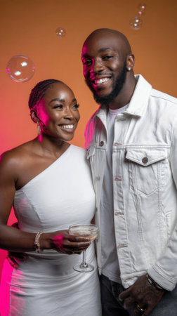 A smiling Black couple poses together, the woman in a white dress and the man in a denim jacket, against a warm, gradient background.の素材