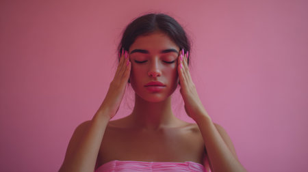 A young woman with her eyes closed and hands pressed against her temples, against a solid pink background. She appears to be in a state of contemplation or experiencing a headache.の素材