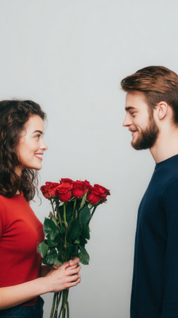 A smiling young couple looks at each other affectionately while the woman holds a bouquet of red roses, symbolizing love and romance.の素材