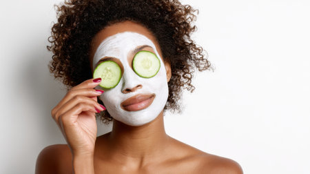 A young Black woman with curly hair and a white face mask, with cucumber slices over her eyes, looking up.の素材