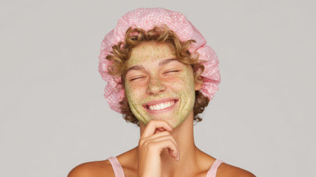 A young woman with a green face mask and a pink shower cap smiles with her eyes closed, touching her chin.の素材