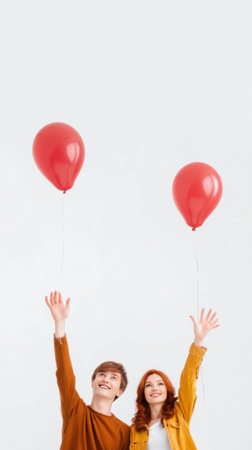 A happy young couple with arms raised, releasing red balloons against a plain white background, symbolizing freedom and celebration.の素材