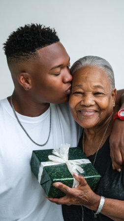 A young man gives a gift to his smiling grandmother, showing affection and family love.の素材