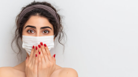 A young woman with dark curly hair and a headband wears a white medical face mask, covering her mouth with her hands. Her eyes are visible, with dramatic eye makeup.の素材