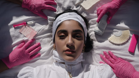 A young woman lies on her back, her face centered, surrounded by pink gloved hands and various medical items, suggesting a theme of care or medical examination.の素材