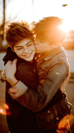 A young couple shares a tender moment, embracing and kissing as the sun sets, casting a warm golden glow.の素材