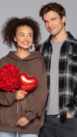 A happy young couple, a woman with curly hair and a man with short brown hair, pose together holding a red heart balloon and a bouquet of red roses.の素材