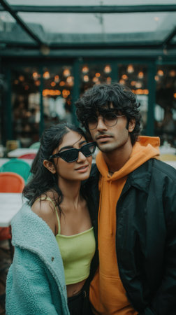 A young couple, a man and a woman, are posing for a photo outdoors. They are both looking at the camera and appear to be in a city setting.の素材