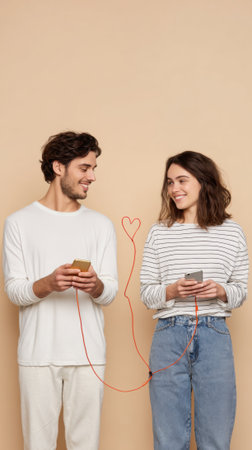 A young man and woman smile at each other while sharing music from their phones, with earphones connected in a heart shape, symbolizing connection and love.の素材