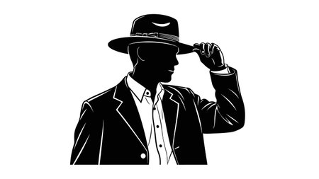 A striking black and white silhouette of a man wearing a fedora hat and a suit, tipping his hat in a gesture of greeting or farewell.のイラスト素材