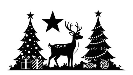 A festive black and white silhouette featuring a reindeer, two decorated Christmas trees, stars, and wrapped gifts, evoking a holiday spirit.のイラスト素材