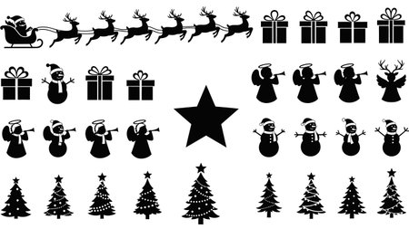 A comprehensive collection of black and white Christmas icons including Santa Claus, reindeer, gifts, snowmen, angels, and Christmas trees.のイラスト素材