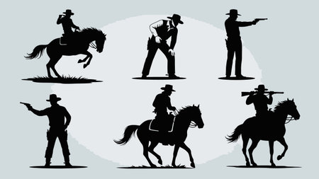 A set of six black silhouettes depicting cowboys in action, including riding horses and aiming firearms, set against a light background.のイラスト素材