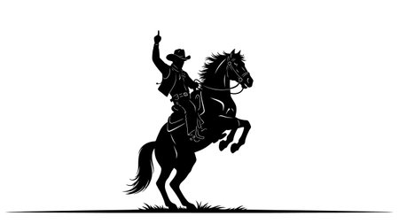 A striking black silhouette of a cowboy on a horse rearing up on its hind legs. The cowboys arm is raised high, pointing upwards.のイラスト素材