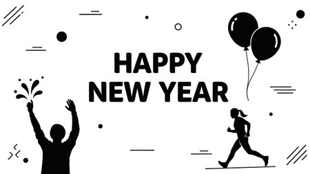 A black and white graphic depicting a Happy New Year message with a silhouette of a person...