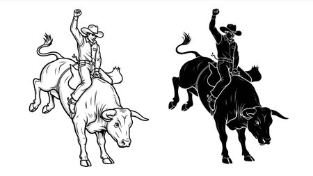 A dynamic illustration featuring a rodeo cowboy on a bucking bull, presented in both a detailed line art sketch and a bold silhouette.のイラスト素材