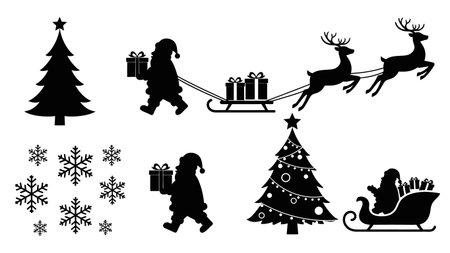 A collection of black Christmas silhouettes including Santa Claus, reindeer, a sleigh, Christmas trees, and snowflakes.のイラスト素材
