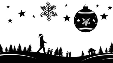 A black and white silhouette depicts a child in a Santa hat walking through a snowy landscape with gifts and Christmas trees, under a large ornament and snowflakes.のイラスト素材