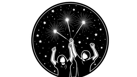A black and white illustration of two figures with arms raised, holding sparklers that illuminate...