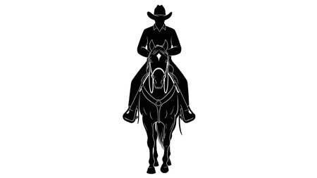 A striking black silhouette of a cowboy on horseback, viewed from the front, against a clean white background.のイラスト素材