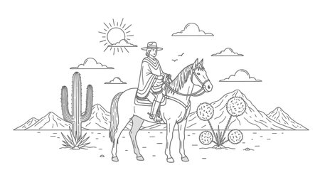 A black and white line drawing depicts a cowboy on horseback, surrounded by desert flora like cacti and mountains under a sunny sky.のイラスト素材
