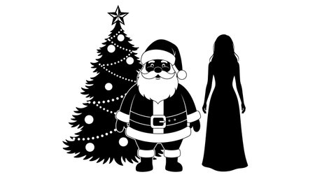 A black and white silhouette illustration featuring Santa Claus, a decorated Christmas tree, and a woman in a dress.のイラスト素材