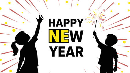 Two children silhouetted against a bright background, celebrating the New Year with sparklers and fireworks.のイラスト素材