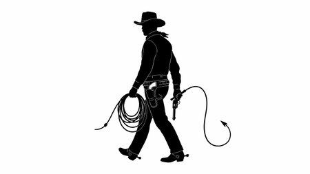A black silhouette of a cowboy in a hat, walking and holding a lasso and a whip, on a white background.のイラスト素材