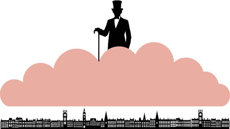 Silhouette of a man in a hat and a cane on top of a cloudのイラスト素材