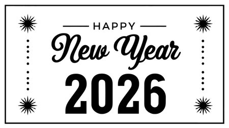 Happy New Year greeting card with hand lettering and decoration. Vector illustration