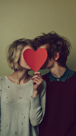 A loving pair shares a passionate moment, a striking red heart acting as a playful barrier, intensifying the feeling of romantic connection and shared affection.の素材