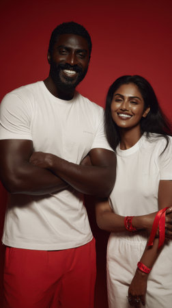 An athletic Black couple stands side-by-side, exuding confidence in matching white t-shirts and red bottoms. A powerful image of fitness and shared style.の素材