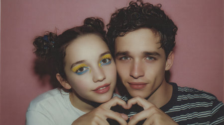 A young couple poses together, forming a heart shape with their hands, showcasing affection and youthful romance. Their unique makeup and vintage aesthetic add charm.の素材