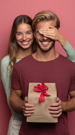 A woman lovingly surprises her man by covering his eyes, a gift bag in hand, capturing a moment of romantic excitement and connection.の素材