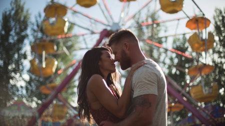 A passionate couple shares a tender embrace in front of a colorful Ferris wheel at an amusement park, embodying the magic of love and shared adventures.の素材
