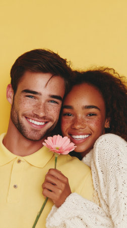 A cheerful young couple with matching freckles shares a tender moment, holding a single pink flower and beaming with happiness against a bright yellow backdrop.の素材