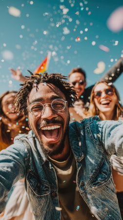 A diverse group of friends shares pure joy outdoors, showered with confetti and waving a pride flag, capturing the vibrant and celebratory atmosphere of a festival.の素材