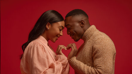 A tender moment between a young couple, foreheads touching and hands making a heart shape. Their connection is palpable, symbolizing their profound love and unity.の素材