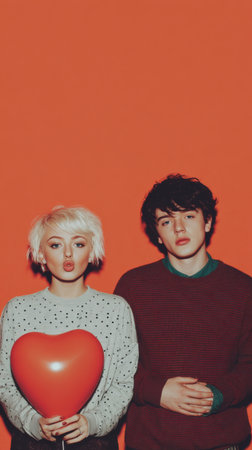 A youthful couple poses playfully with a large red heart-shaped balloon against a vibrant orange backdrop, capturing a moment of connection and joy.の素材