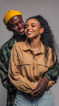 A happy Black couple shares an intimate and joyful embrace. Their stylish outfits, including a plaid jacket and a tan shirt, combined with their radiant smiles, capture genuine love and deep connection.の素材