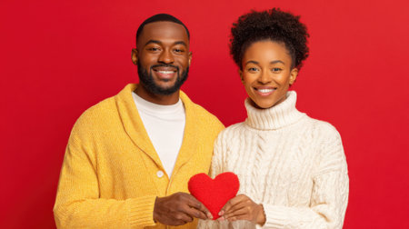 A happy Black couple smiles warmly, holding a red heart decoration against a vibrant red backdrop, embodying love and connection for Valentine's Day celebrations.の素材